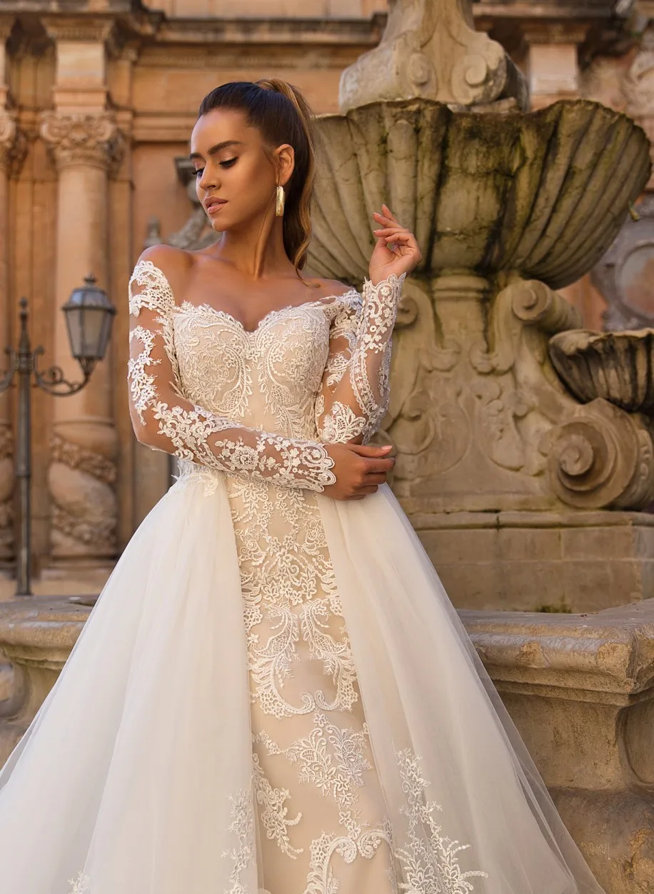 

Sexy Mermaid Lace Dresses for Wedding Party Detachable Skirt 2020 Applique Long Sleeve Button Back Bridal Wedding Gowns