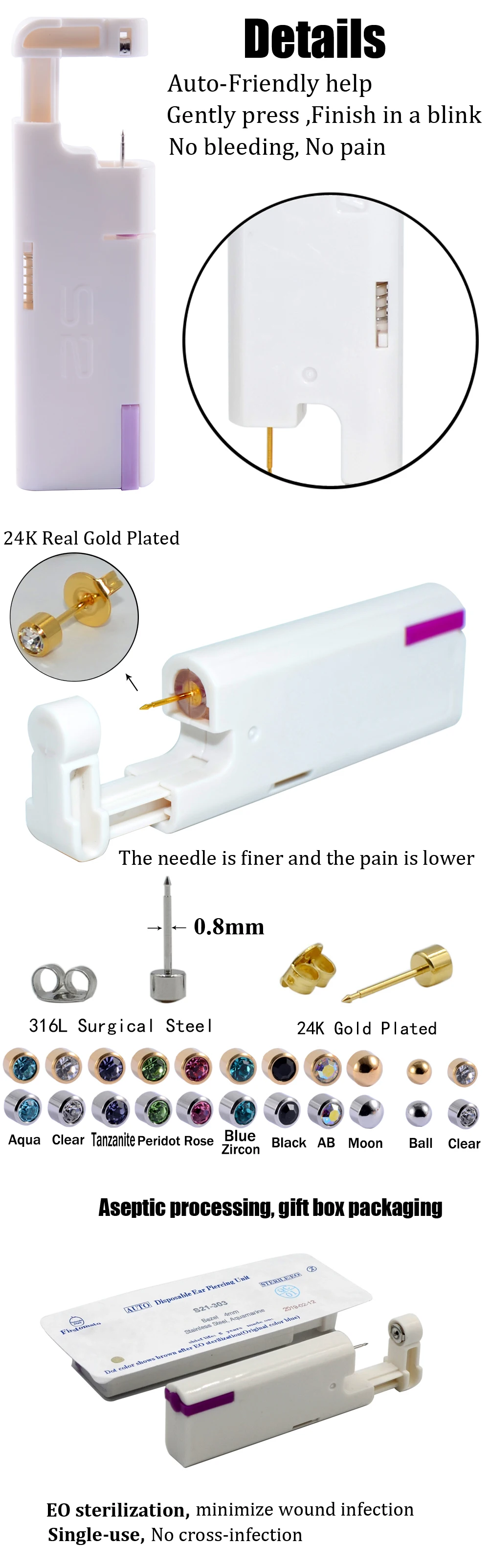 2PCS Ear Nail Gun Disposable Aseptic Household Ear Piercing Gun Portable Ear Piercing Gun Group Sterilized Ear Piercing Unit
