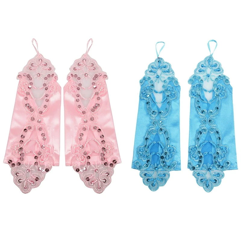 2 Pair Women' Flora Short Wedding Dress Glove Fingerless Elegant Gloves for Bride Party Lake Blue &amp Pink |