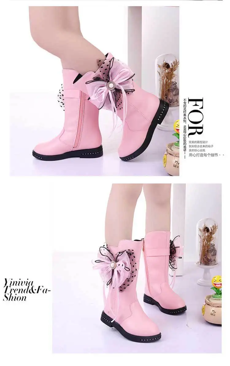 Высококачественные зимние сапоги до середины икры с бантом; ботинки на плоской подошве с круглым носком для девочек; школьные модельные туфли; обувь из искусственной кожи;#27-37