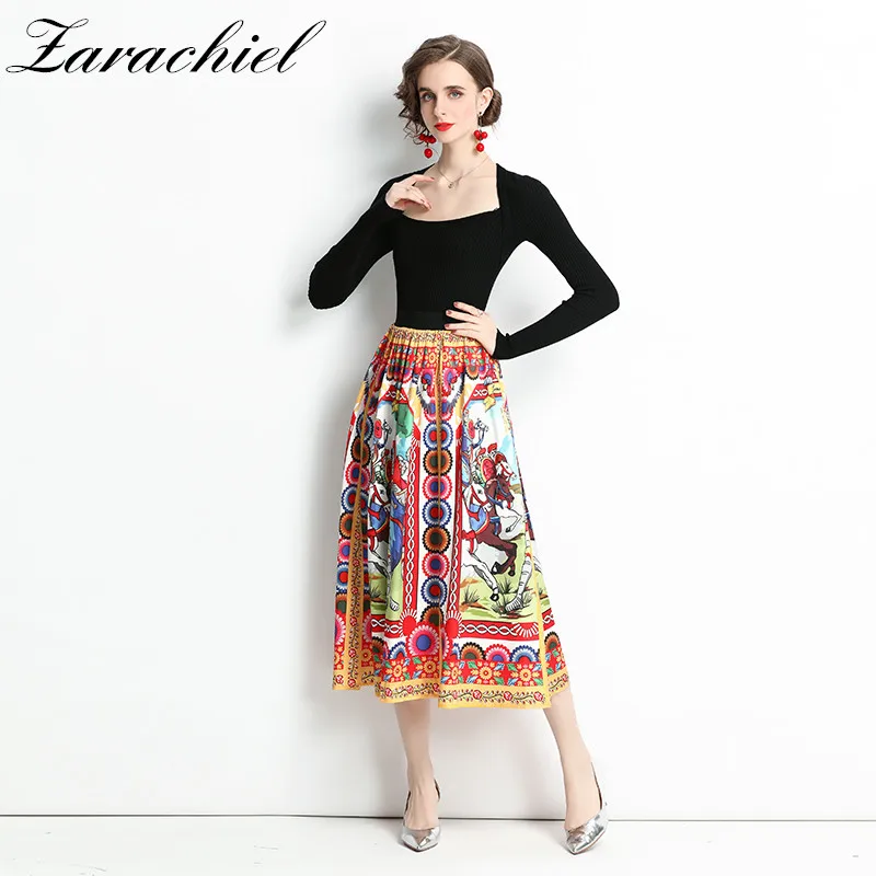 Женский трикотажный костюм из двух предметов черный свитер с длинным рукавом и