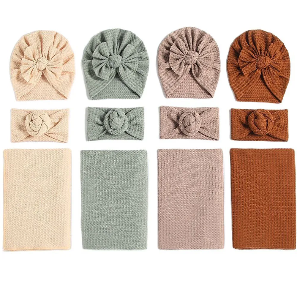 

9 Color Newborn Baby Waffle Knit Turban Cotton Beanies Caps And Headbands Sets Infant Baby Blanket Boy Girl Baby Wrap headbands