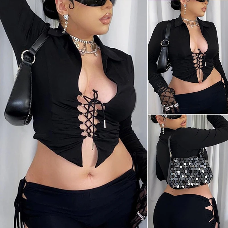 

Лидер продаж, kf-эстетические укороченные топы, академические женские футболки с длинным рукавом, кардиган с лацканами и шнуровкой для девоч...