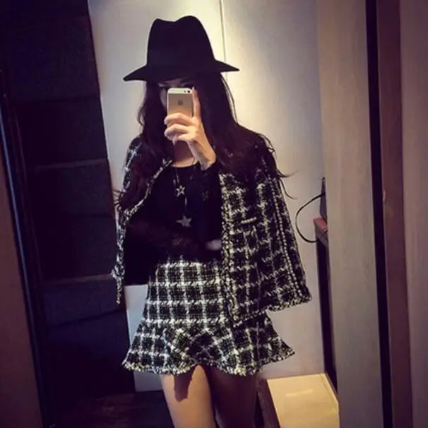 Маленький ароматный шерстяной Harajuku клетчатый комплект из двух предметов