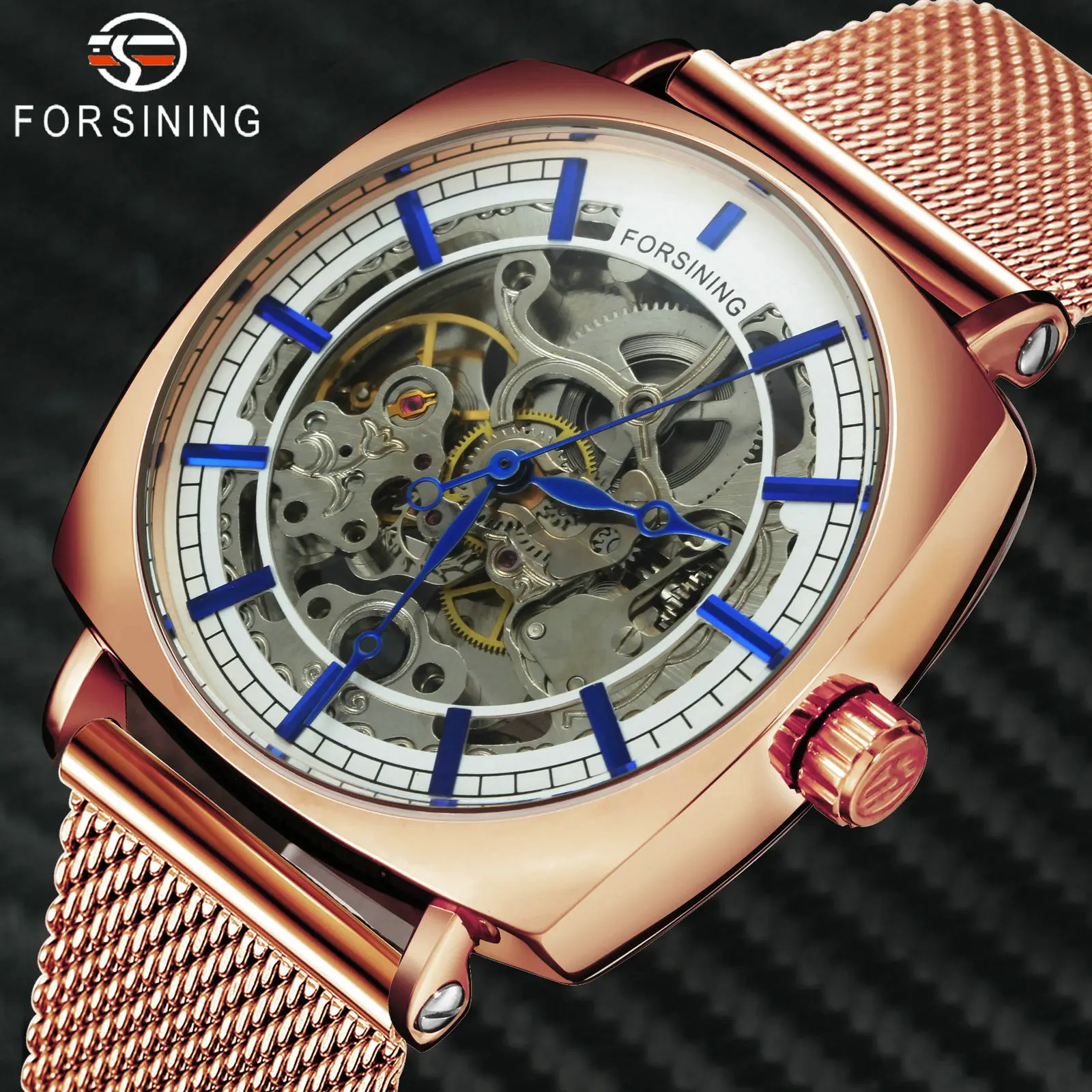 FORSINING Top Brand Luxury Automatic Watch Men Skeleton Mechanical Watches Fashion Rose-Gold Square Wristwatches Men's Gift Xmas |