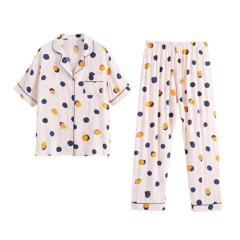 

Pajamas Women's Summer Thin Suit Japanese Cute Sweet Short-Sleeved Trousers Silk Home Wear Artificial Cotton Can Be Worn
