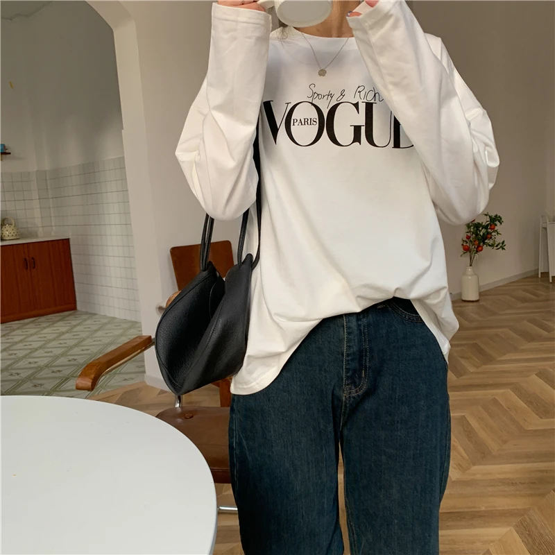 

2021 Spring Women T Shirt Long Sleeve Simple Letter Printed New Loose Round Neck Basic Style