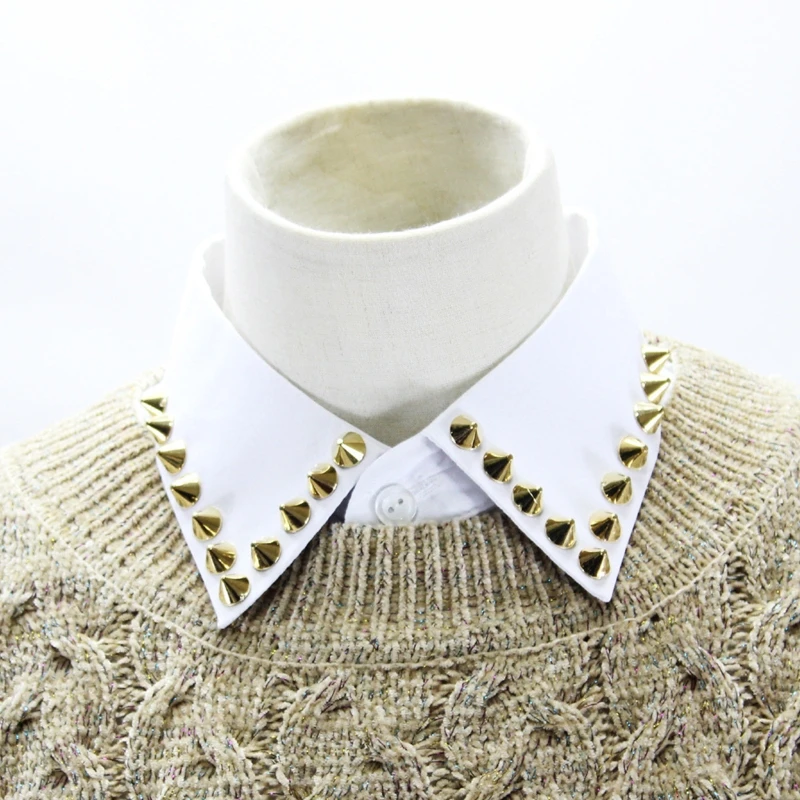 

Punk Style Detachable White Half Shirt Golden Spiked Studded Lapel False Fake Collar Adjustable Decorative Dickey