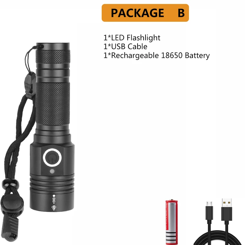 Package B Ультра мощный светодиодный фонарик XHP50.2 тактический фонарь USB Перезаряжаемый Linterna магнитная лампа яркий фонарь использовать аккумулятор 18650 - Испускаемый цвет: Package B