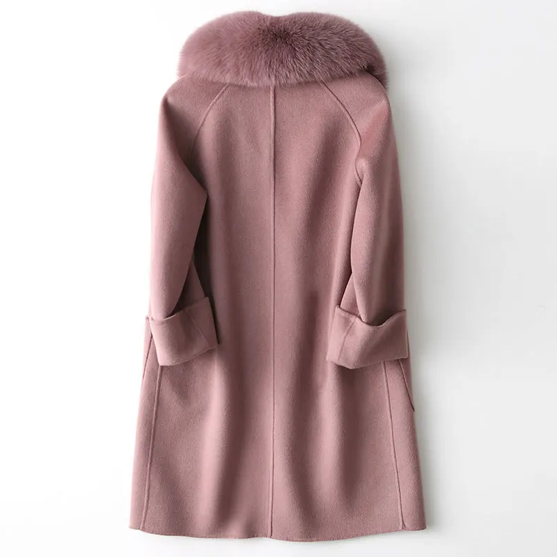 

2020 Fashion 100% Coat Female Handmade Double Wool Coats Medium Winter Jacket Women Natural Fox Fur Collar WYQ1143