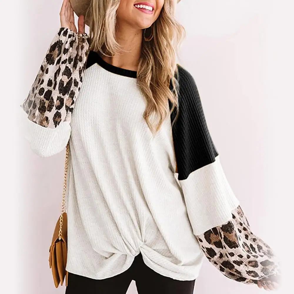 

Женская Повседневная леопардовая блузка с длинным рукавом и вафельным принтом