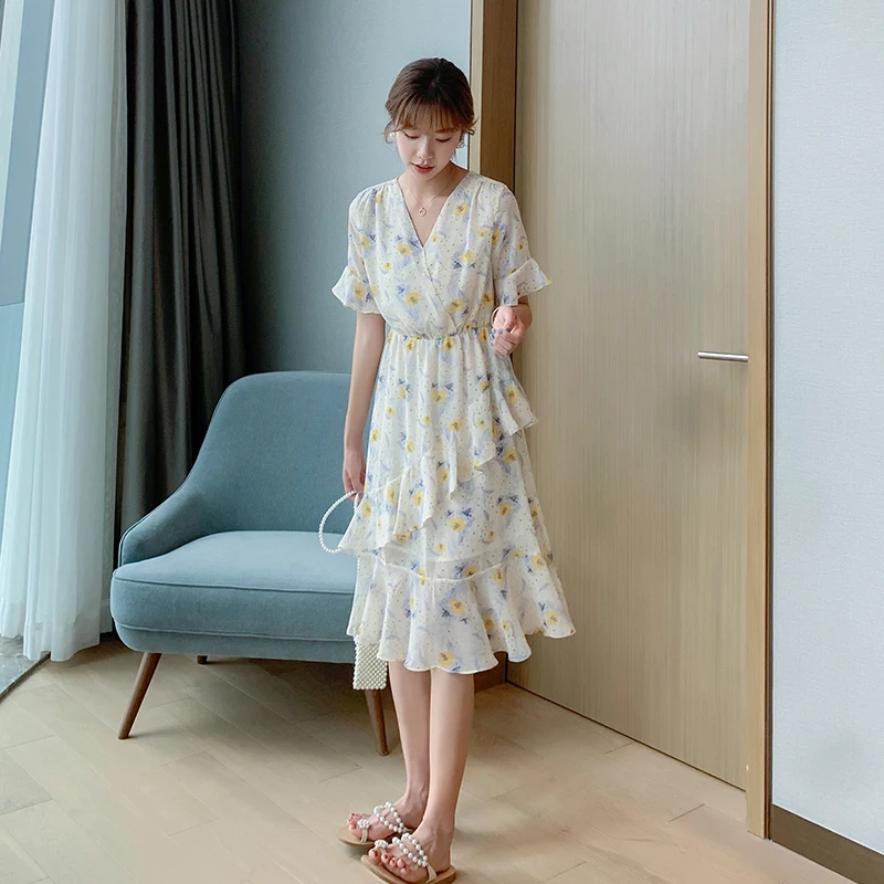 

COIGARSAM Chiffon Women dress New Summer Floral Print High Waist Dresses Rice White 9083