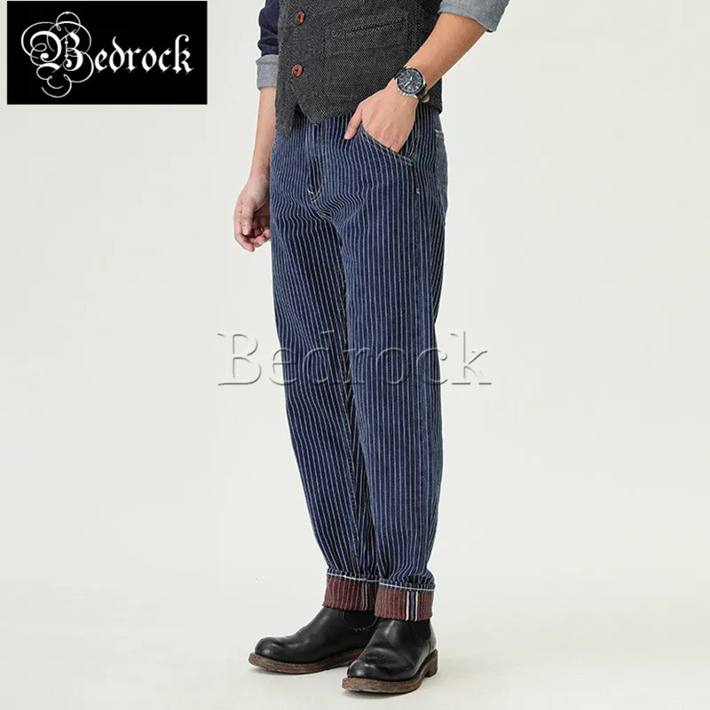 MBBCAR 13oz blue striped jeans vintage raw denim jeans Amekaji retro one washed striped casual trousers slim pencil pants 7340