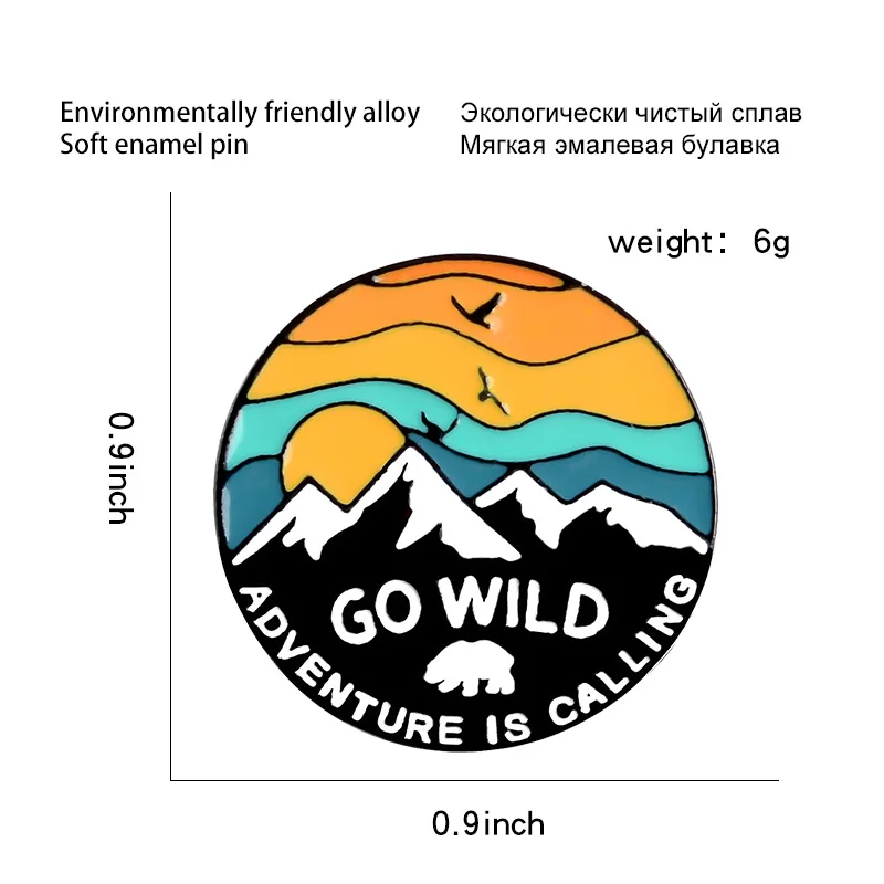 Женская эмалированная брошь с изображением заката снега гор буквы GO WILD ADVENTURE IS call