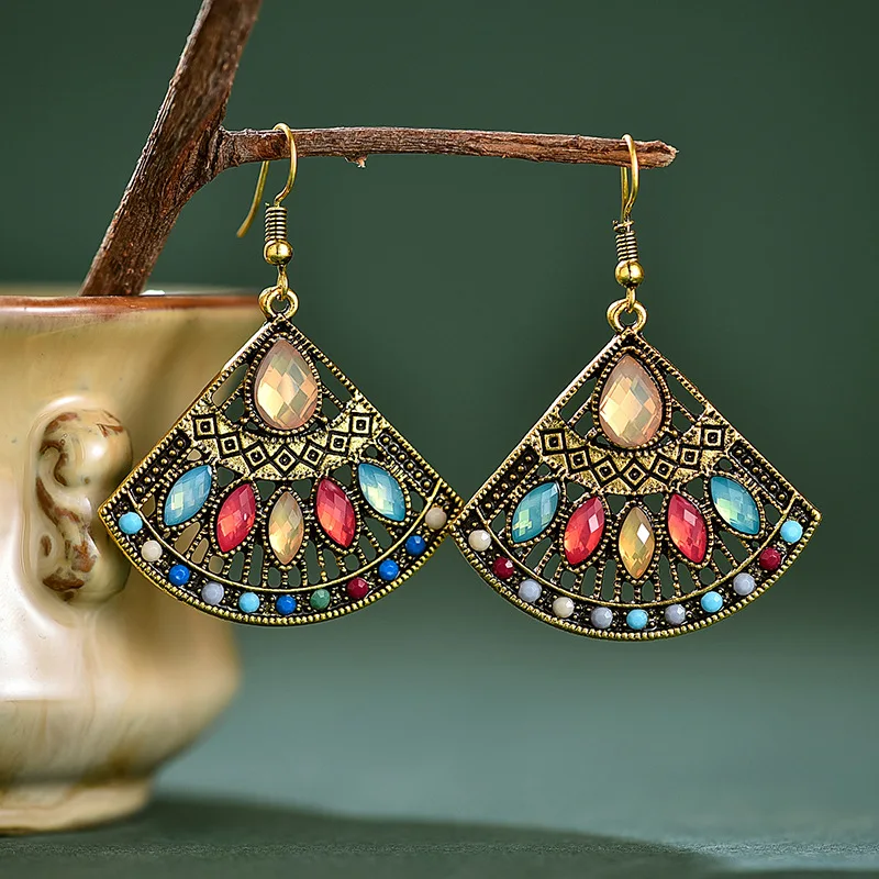 

Retro Sector Turkish Crystal Indian Jhumka Earrings Women's Vintage Bohemia Boho Beads Earrings Tibetan Jewelry