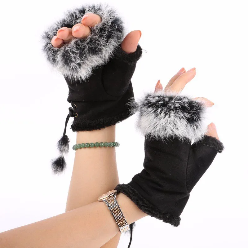 Модные женские туфли на платформе из искусственного кроличьего меха; сапоги ручной работы зимние перчатки, варежки без пальцев Теплые Кожаные Замшевые варежки теплые короткие перчатки