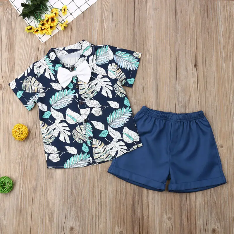 Emmababy Fashion Toddler Baby Kid Boy 2PCS Outifit Set Banana Leaf Print Short T-shirt+Short Solid Pants Gentelman Clothes |