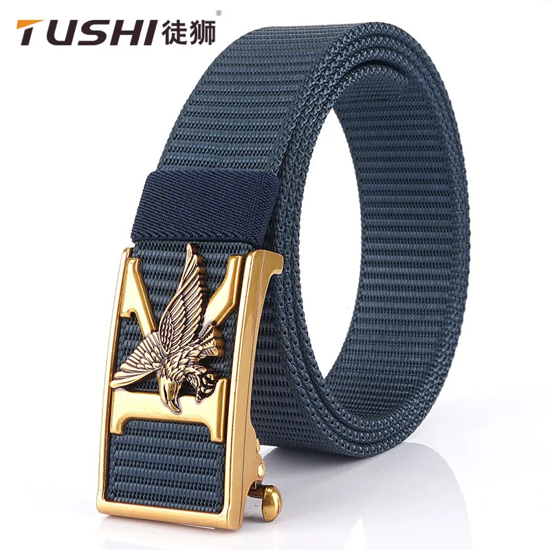 TUSHI 2021 Brand New Men Belt 120cm*3.4cm Nylon Weave Waistband Fashion Cool Eagle Pattern Metal Automatic Buckle Student Girdle