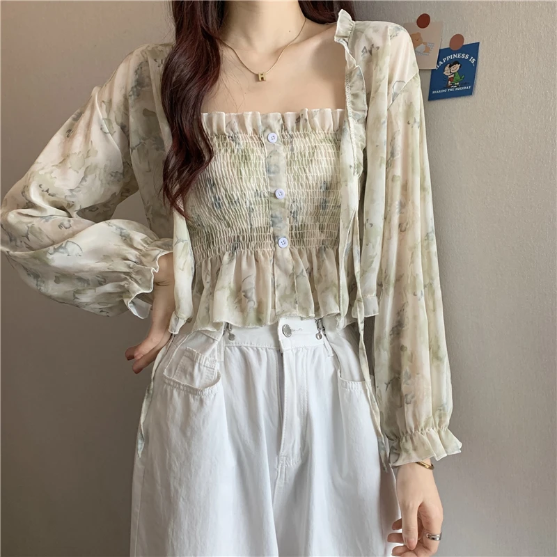 

2 Piece Blouses Women Summer Shirts Thin Loose Sunscreen Printed Long Sleeve Sexy Womens Chiffon Korean Female New Fashion Tops