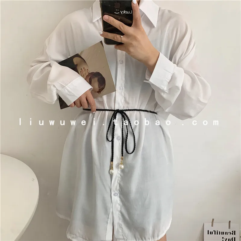 

Korean Style Leather Rope Pearl Knotted Belt Women's Woven Thin Versatile Dress Sweater Shirt Coat Waist Seal
