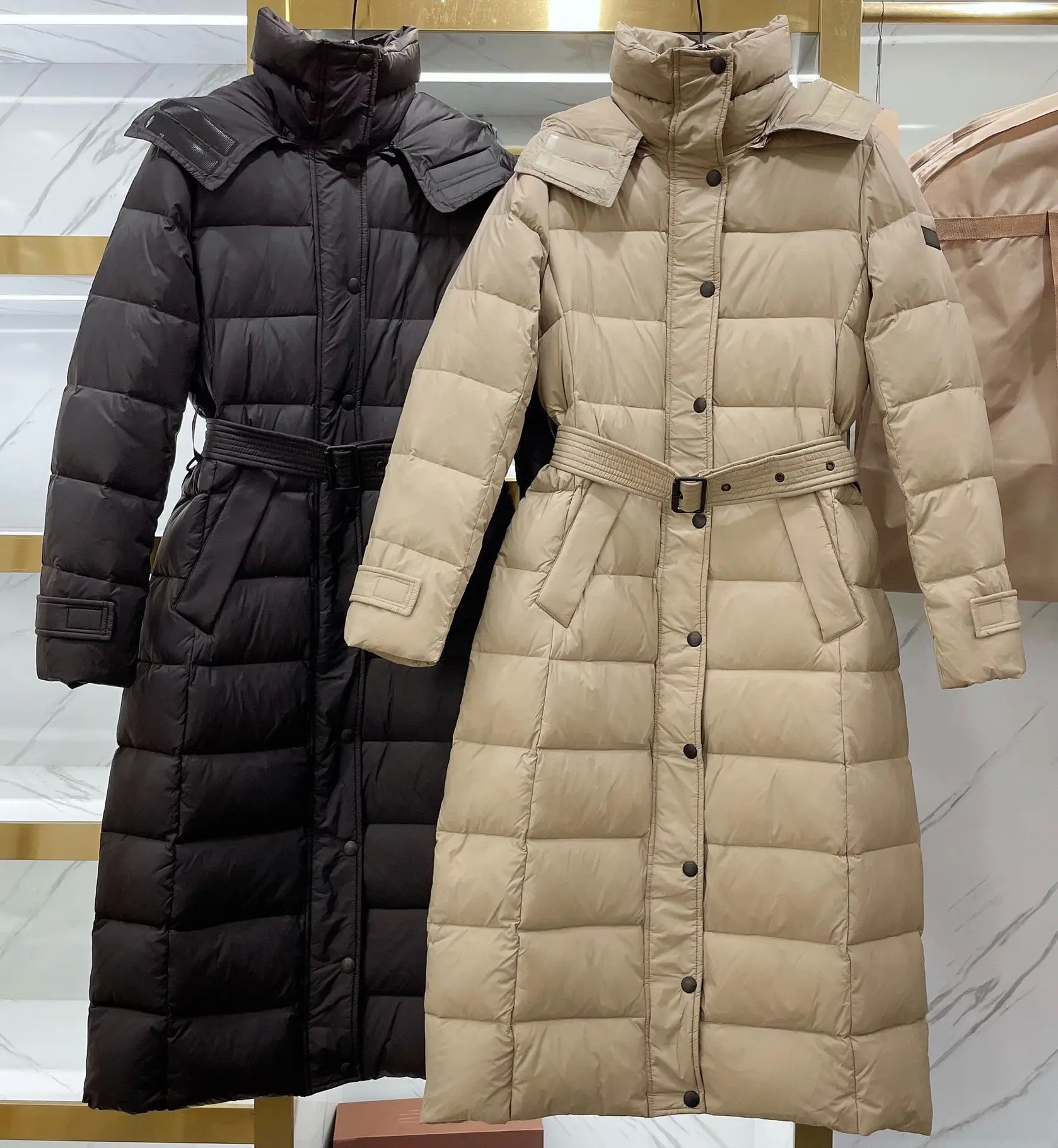New Fashion Luxury Long winter ladies down jacket with hat and belt, white goose down jacket, warm and cold proof enlarge