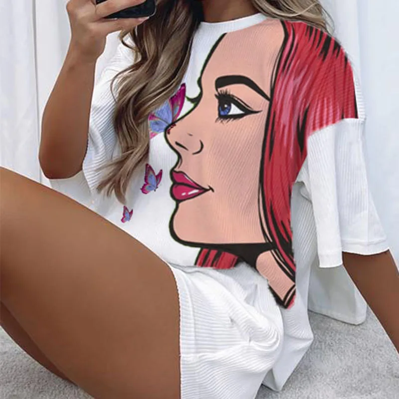 

2021 Spring Summer Ribbed Two Piece Outfits Women Elegant O Neck Tops and Drawstring Shorts Suit Retro Pattern Printed Lady Sets