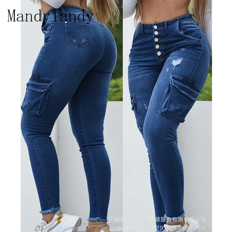 

Mandylandy Ripped Jeans Autumn Fashion Pocket Button High Waist Slim Denim Pencil Pants Women Casual Solid Color Stitching Jeans