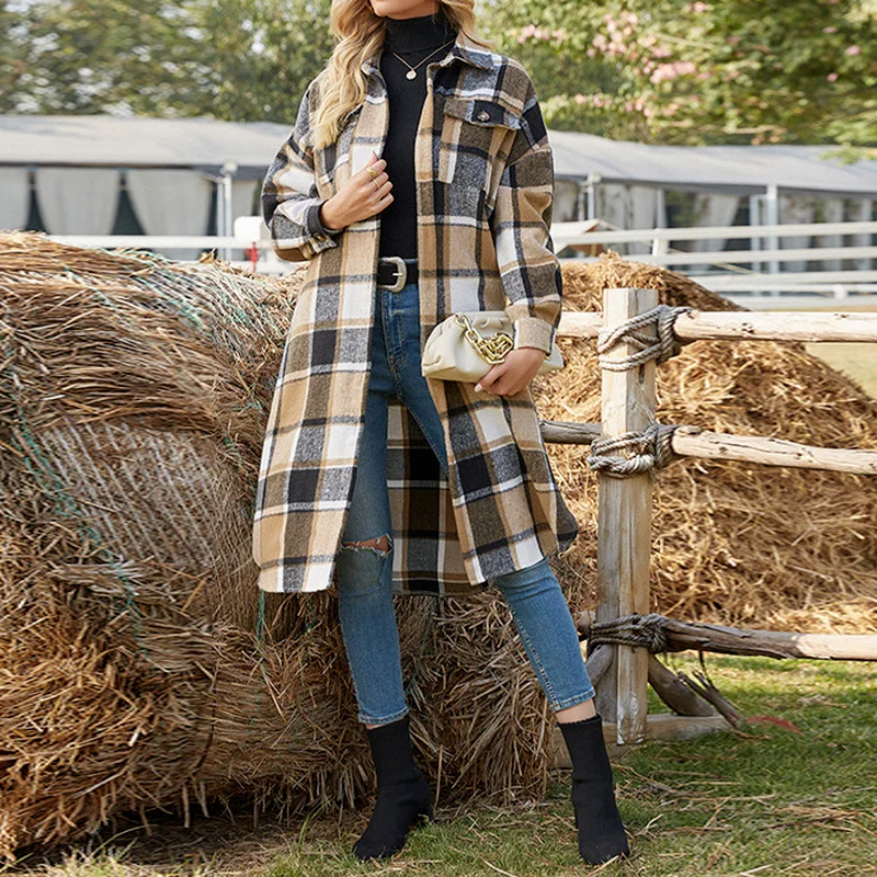 

Women New Winter Coat Wool 2021 New Plaid Fashion Fall Clothes for Women Long Blends Turn-Down Collar FashionStreetwear G2930