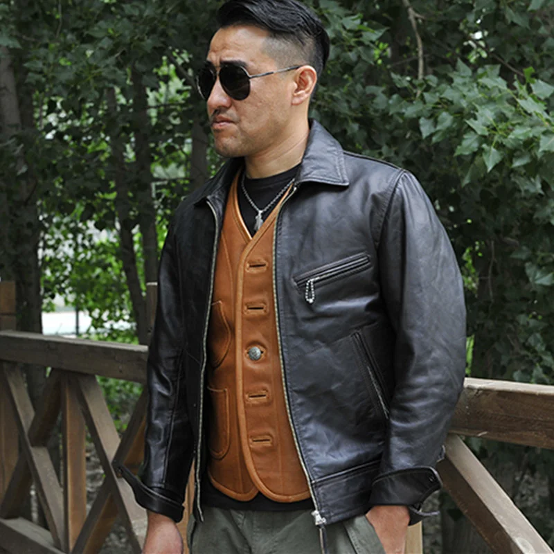 

2021 Black Motorcycle Style Genuine Leather Jacket Men Large Size 3XL Real Natural Horsehide Spring Slim Fit Short Biker Coat