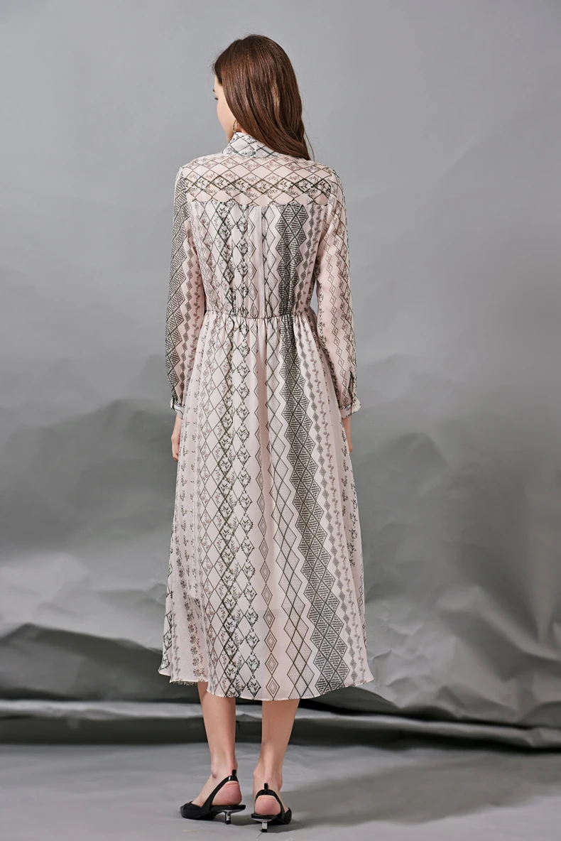 

100% Silk Women's Dresses Lace Up Bow Collar Long Sleeves Plaid Printed Fashion Mid Dress Vestidos