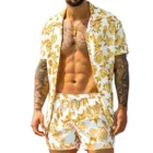 Мужской комплект из 2 предметов, Пляжная рубашка с коротким рукавом и шорты, на пуговицах, с принтом в гавайском стиле, повседневный уличный костюм, лето 2021