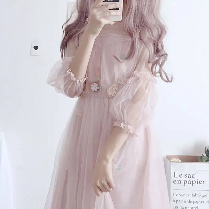 Женское платье из 2 предметов в японском стиле Лолиты бежевое серое розовое