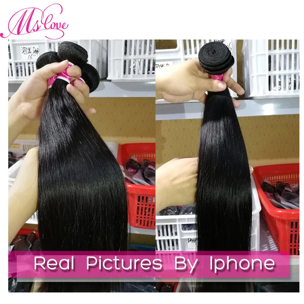 Ms Love Straight Hair Bundles With Closure Peruvian Weave 3 Remy Human Extension | Шиньоны и парики