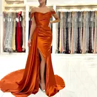 Простые оранжевые вечерние платья-русалки с высоким разрезом, 2022, плиссированные атласные элегантные сексуальные платья для женщин, вечерние платья