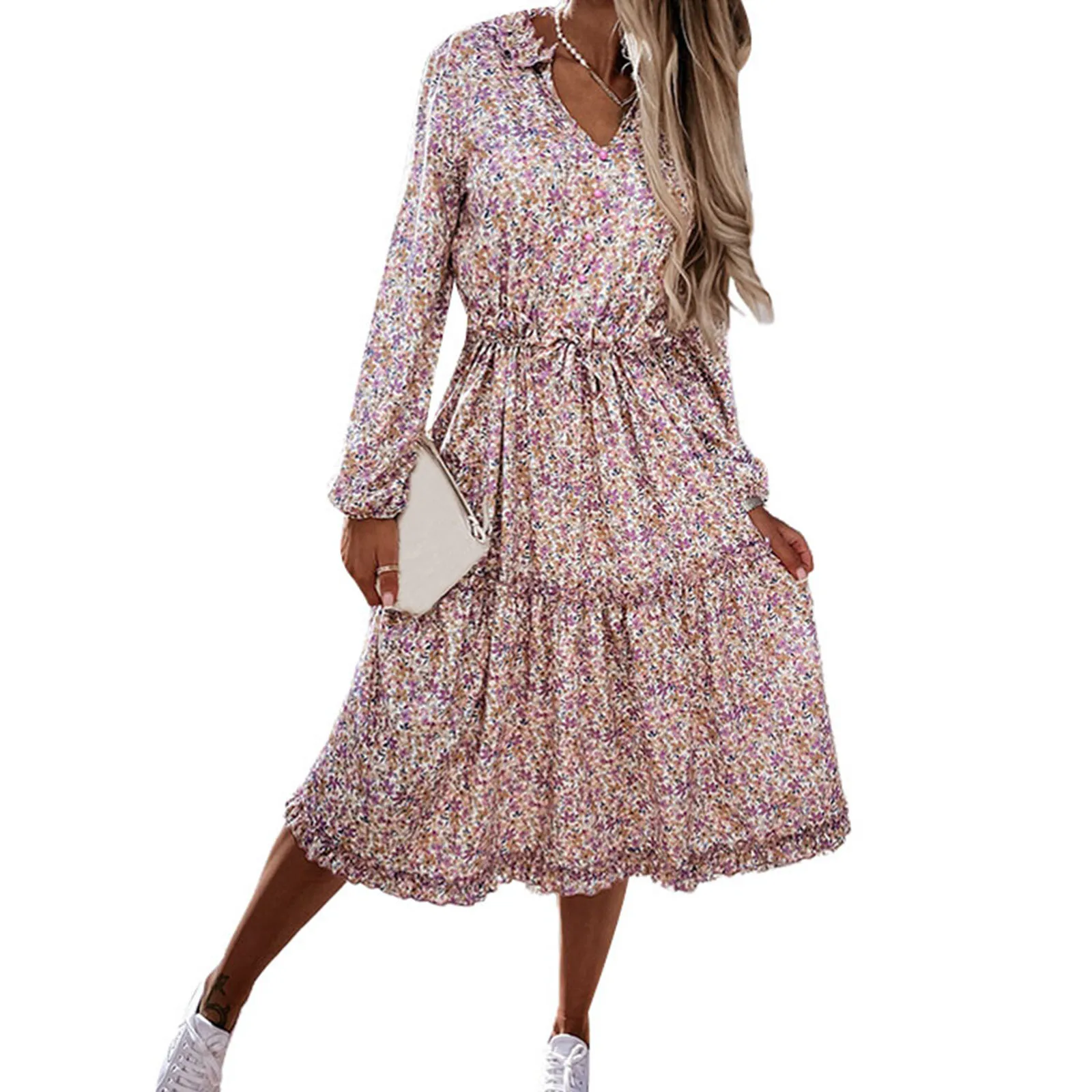 

New Women's Lace Up Layered Dress Adult Autumn Printed V-Neck Long Sleeve Floral Casual Fashion