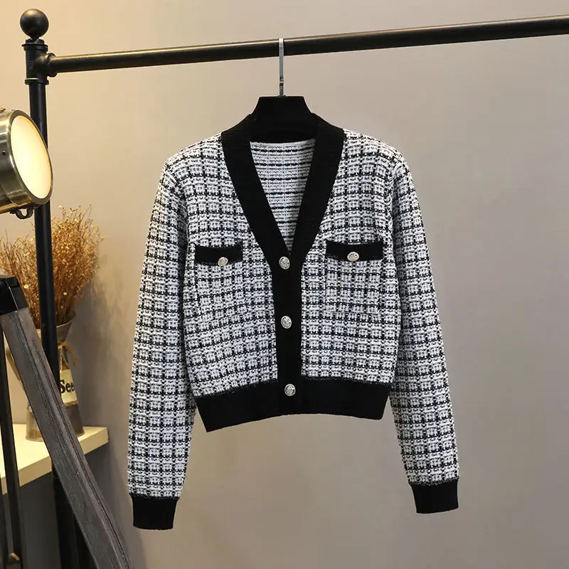 

Женский вязаный кардиган в клетку, повседневный свободный джемпер оверсайз с V-образным вырезом, на пуговицах, с длинным рукавом, весна-лето ...