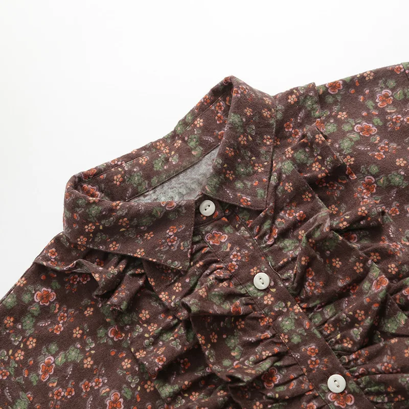 

Forest Female retro turn-down collar Single-breasted flowers print dress