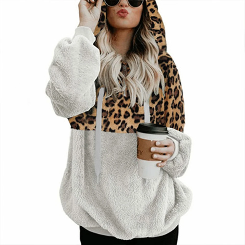 

Leopard Stitching Hoodies Women Sweatshirt Velvet Autumn Clothes Women Pullover Plus Size Vintage Streetwear Women Sweatshirt