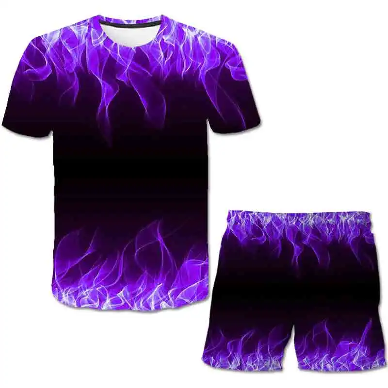 

2021 3d The Flame Whirlpool Polyester Boys Clothes Sets Boy Summer Hot Sale T Shirt Short Pants Set Clothing Kids 4-14 Year
