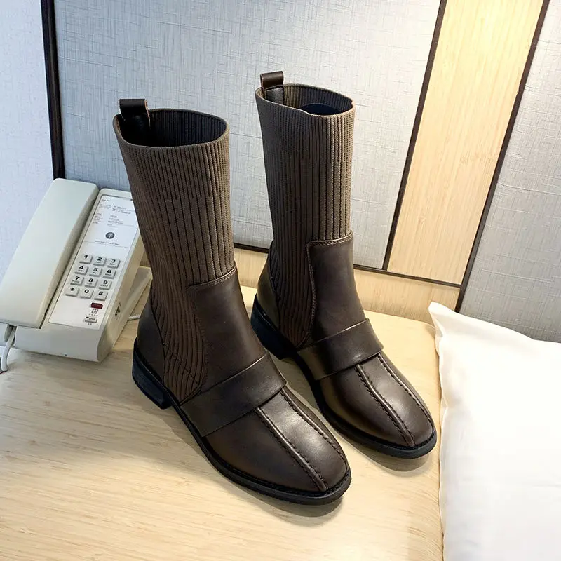 

New Women's British Short Boots Thin Boots Fashion Knitting Socks Boots 2021 Winter Luxury Shoes Women Designers Mid-calf Boots