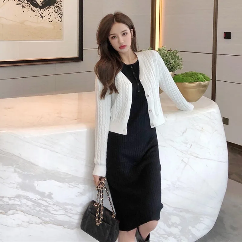 

One-Piece Korean Dress 2020 New Autumn Winter Women Dress Casual O-Neck Mid-Length Dress Long Sleeve Slim Pencil Dress Vestidos