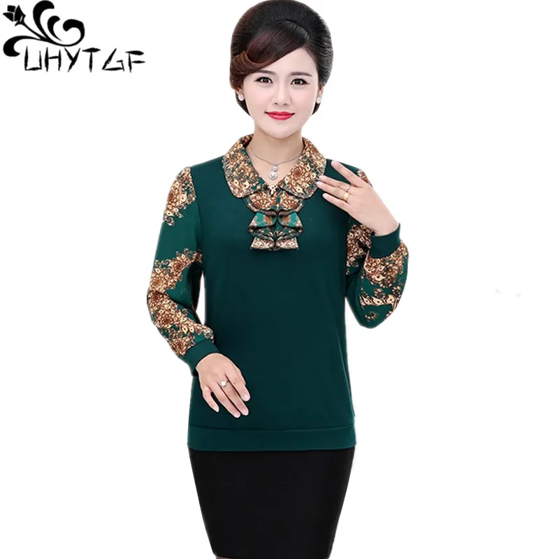 

UHYTGF top female fashion knitted splice chiffon shirt Printed pullover loose spring autumn t shirt women 5XL plus size tops1513