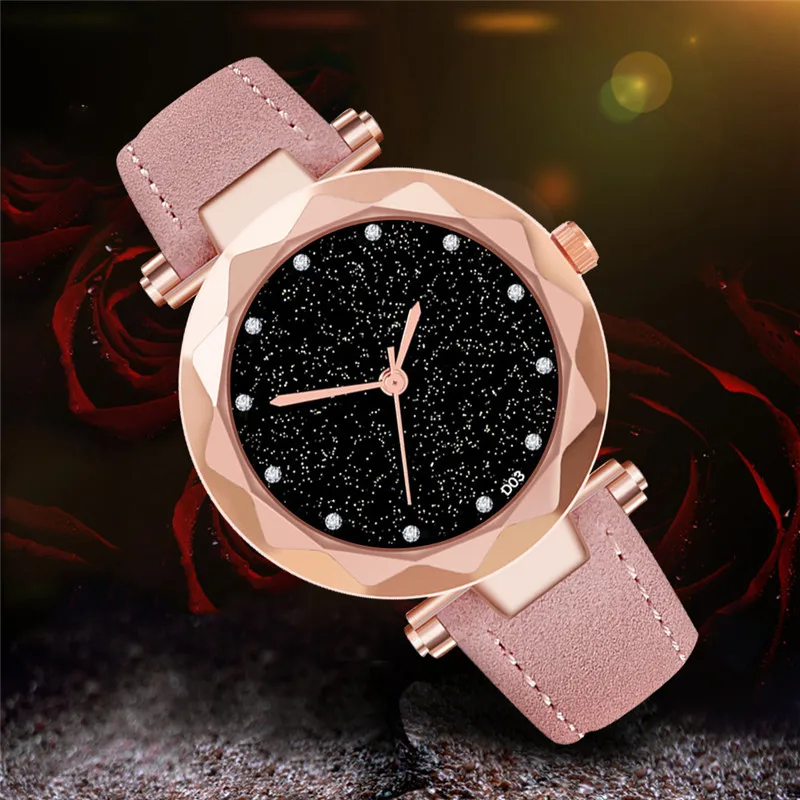 Simple Casual Ladies Watch Matte Leather Diamond Wrist Starry Sky Dial Retro Women creative Fashion Clock relogio feminino | Наручные