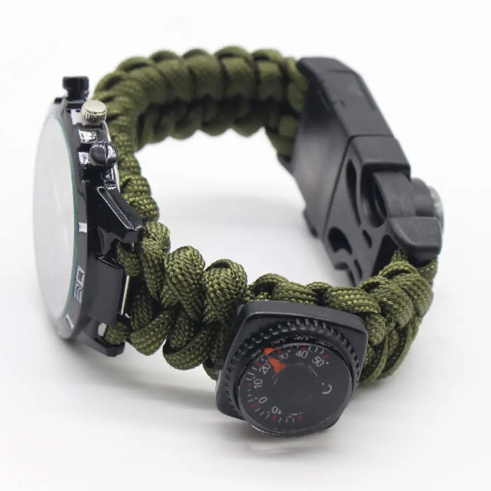 army green Многофункциональные часы для выживания, открытый компас, термометр, спасательный Паракорд, браслет, свисток для кемпинга, походов, военных путешествий - Цвет: army green