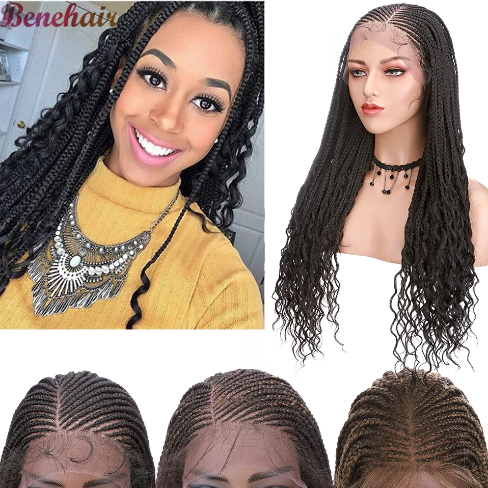 

Benehair 22"Synthetic Box Braids With Curly Ends Wigs Lace Front Braided Wig With Natural Hairline Heat Resistant Hair For Women