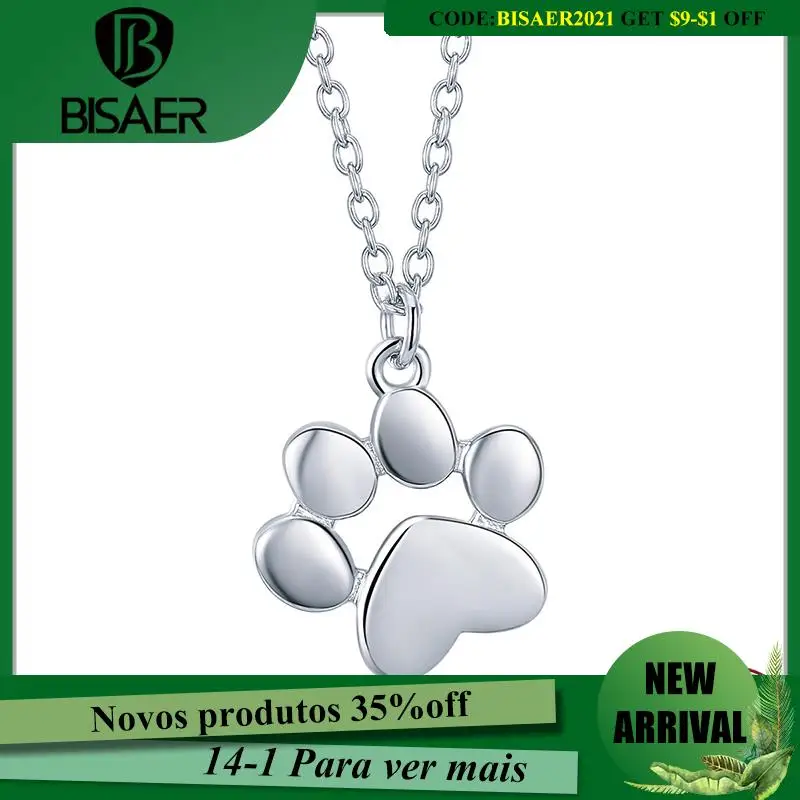 

BISAER Necklaces 100% 925 Sterling Silver Cute Paw Print Pendant Animal Original Link Chain For Women Fine Jewelry Gift HSN275-2