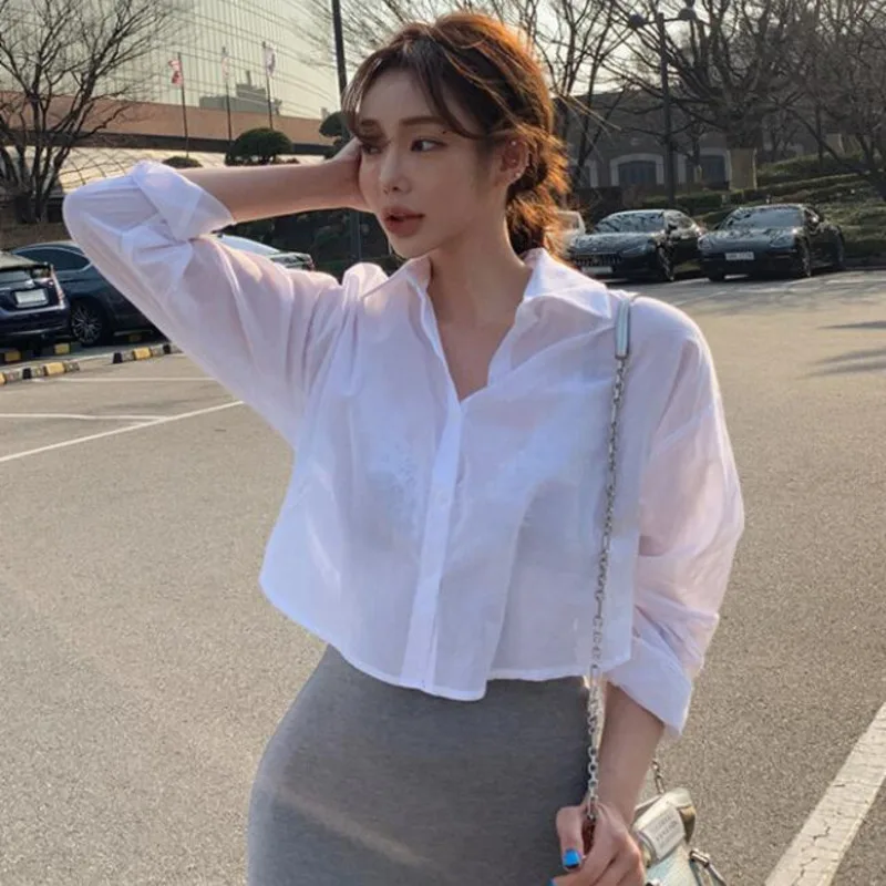 

WOMENGAGA Korean Shirt Summer Top Women's Turn-down Collar Thin Mesh Fashion Women Long Sleeve Short Blouse Sexy Q9A5