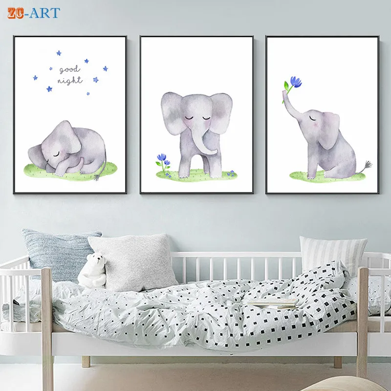 Синий серый плакаты слона Симпатичные акварель настенные картины арт Пол