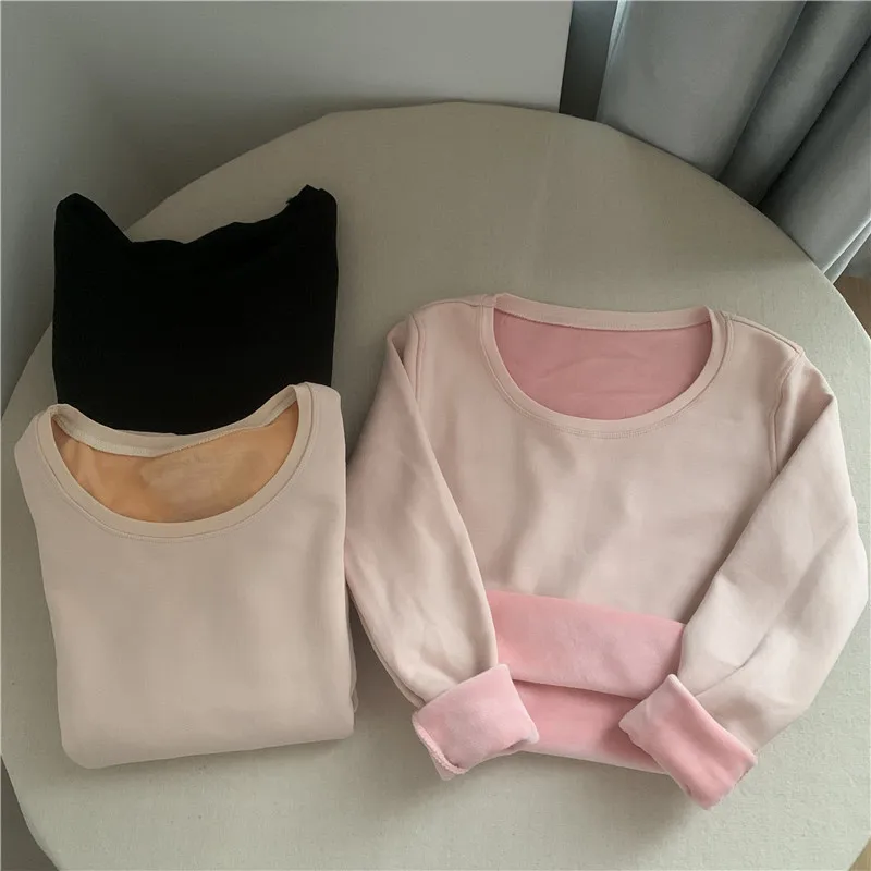

HKCP Thermal Clothing Pullover Thick Underwear Ladies Plus Velvet Thickening Winter Tight-fitting Pullover O-Neck Winter 2020