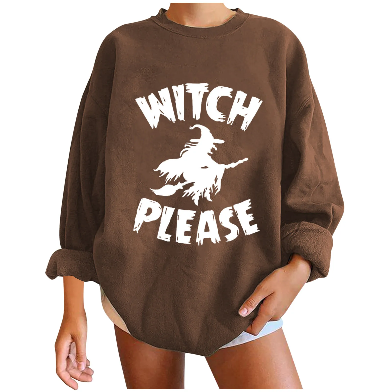 

Women Long Sleeve Witch Flying Printing Halloween Pullover Sweatshirt Top Shirt Solid Color Casual Daily All-match Girls T-shirt